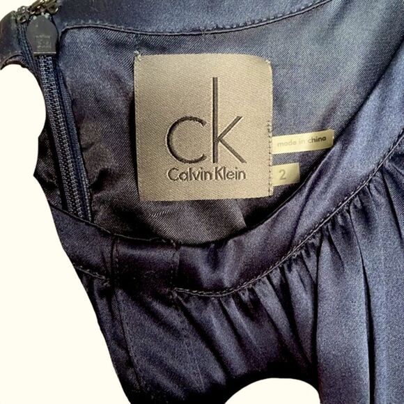 CALVIN Klein A Line Dress Silk Sleeveless Navy Blue V Neck Womens 2 - Picture 6 of 8